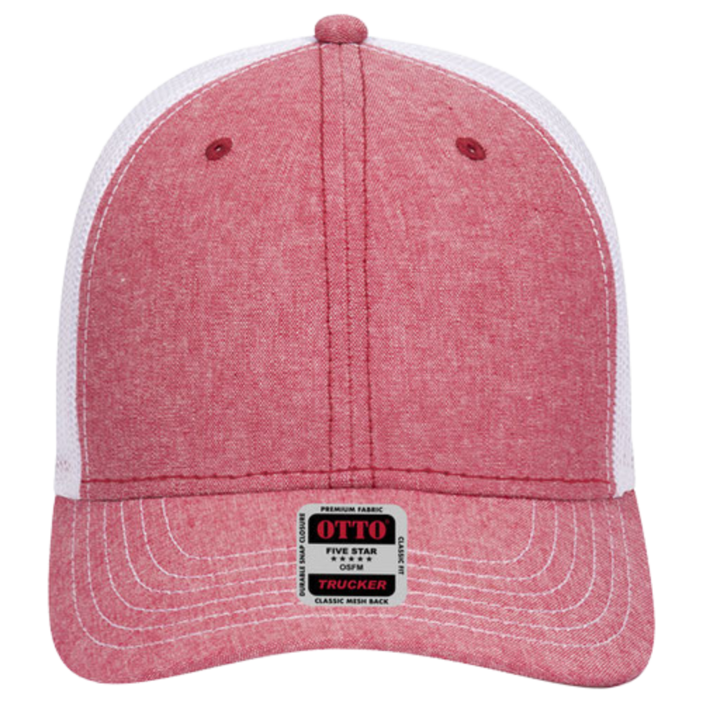 6 Panel Low Profile Mesh Back Trucker Hat - Chambray Back Split